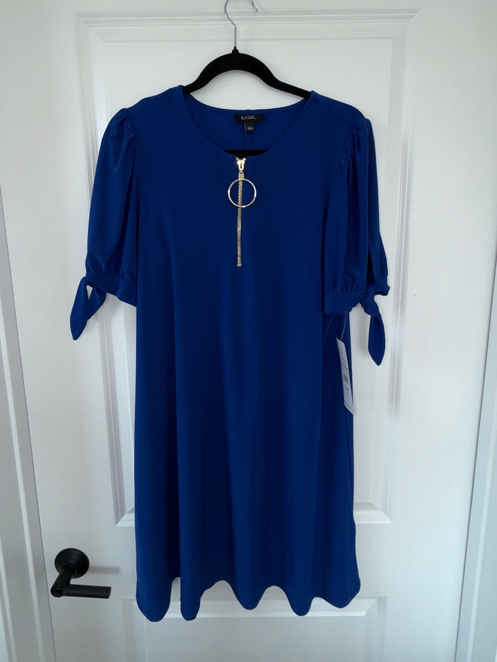 MANGO Royal Blue Tie-Sleeve Shift Dress with Gold Ring Zip